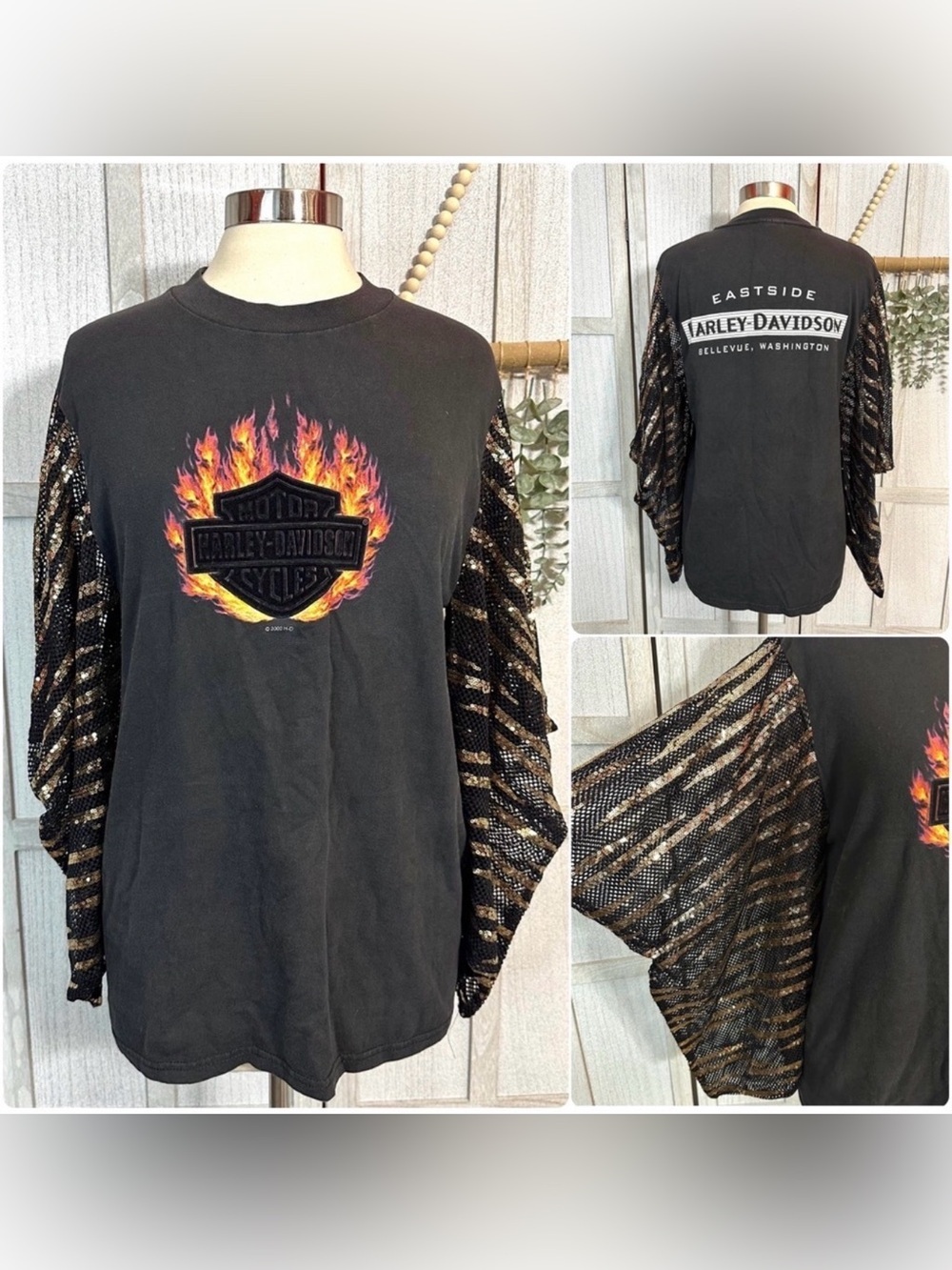 Harley Davidson OPD NY Fly Flutter Sleeve Sequin Tee One Size Vintage Reworked